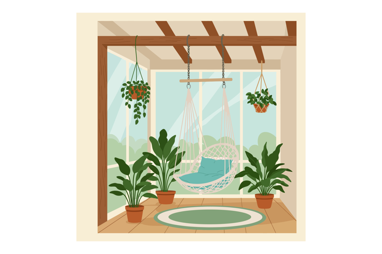 Indoor hanging chair with green plants and wooden ceiling be