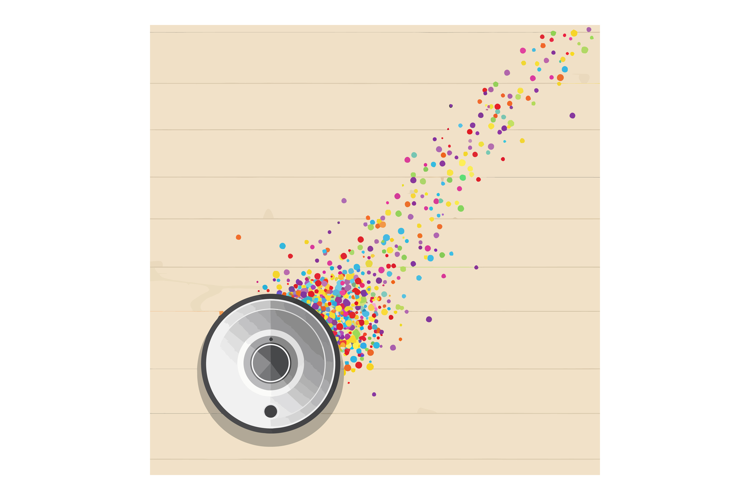 Vacuum cleaner releasing colorful confetti on wooden floor v