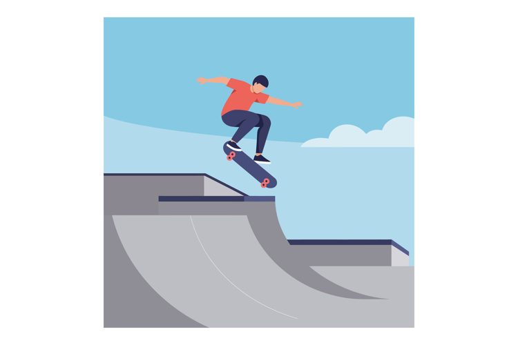 Skateboarder performing trick at skate park with blue sky ba