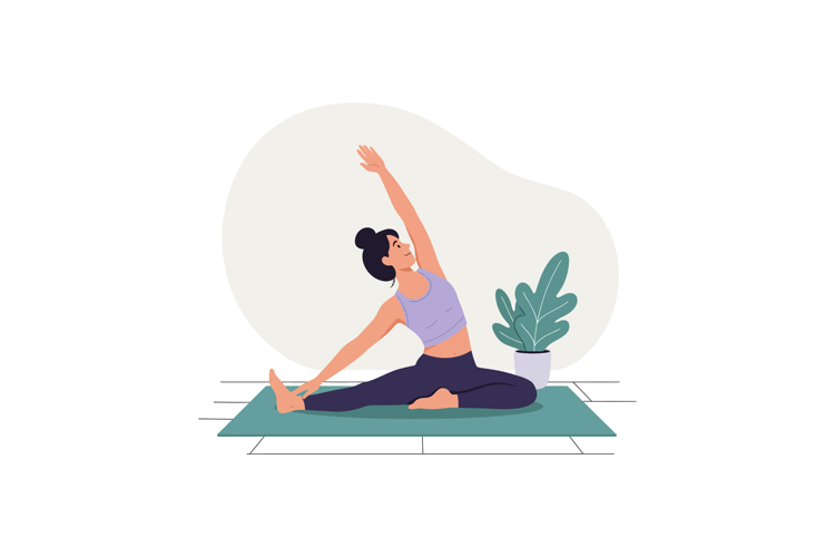 Woman practicing seated yoga stretch on mat with indoor plan