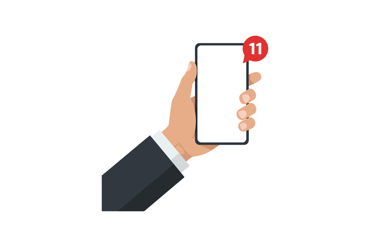 Hand holding smartphone with notification alert in flat digi