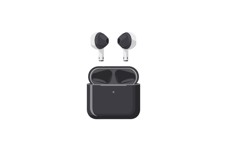 Black wireless earbuds in a sleek charging case, minimal and