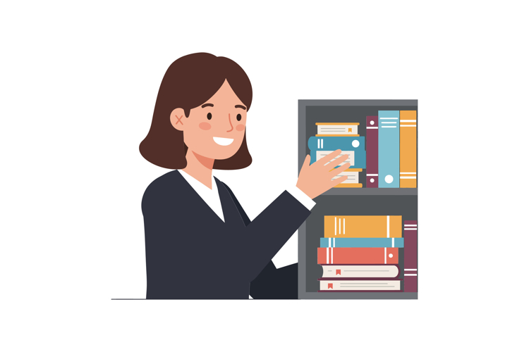 Smiling woman organizing colorful books in a modern flat des