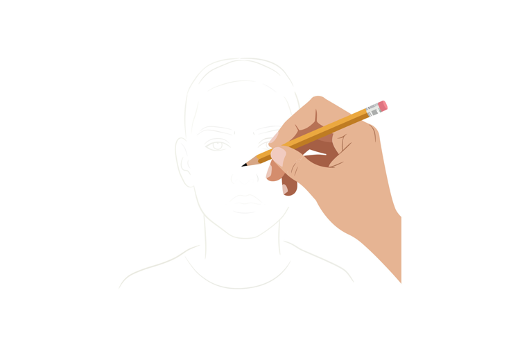 Hand holding a pencil sketching facial features in minimalis