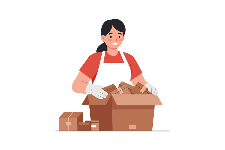 Smiling woman unpacking boxes in a minimal, modern workspace