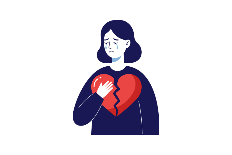 A woman holding a broken heart symbol in a minimal and emoti