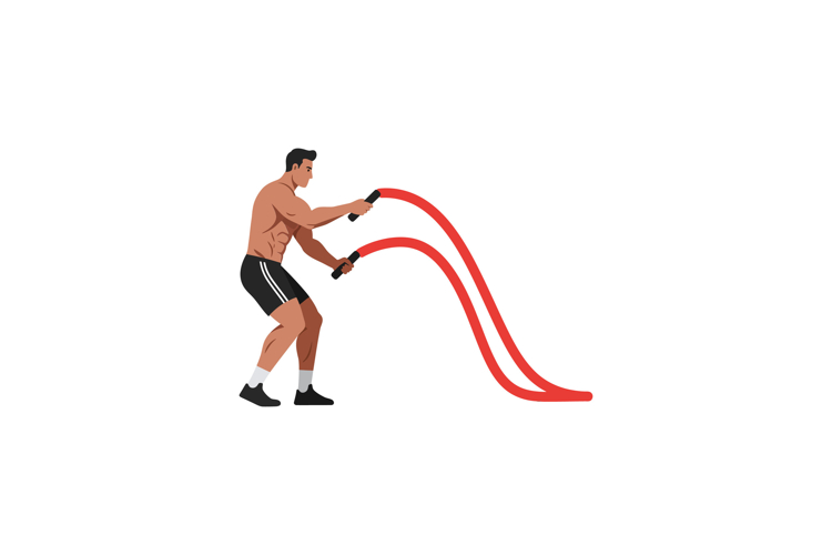 Athletic man vigorously exercising with battle ropes in a fl