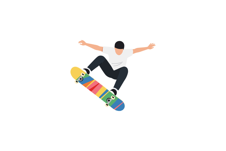 Skateboarder performing a mid-air trick in a vibrant flat de
