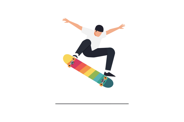 Skater performing an impressive jump on a colorful skateboar