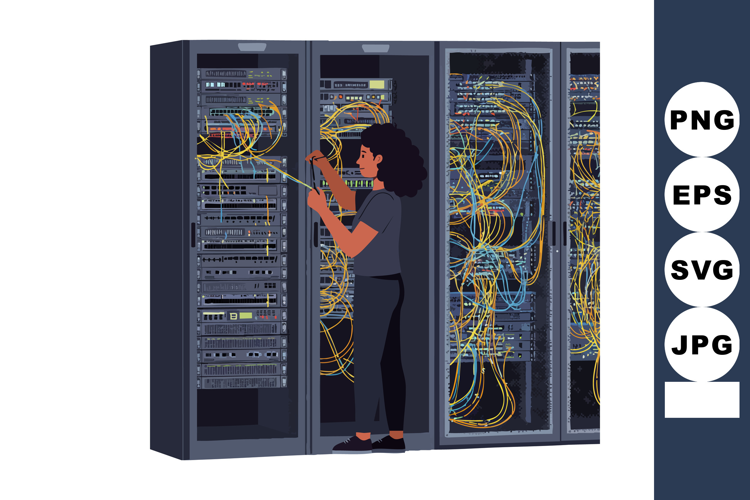 Woman working with server racks and networking cables in dat