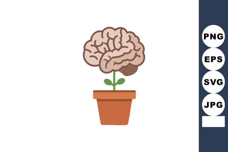 Brain growing from flower pot metaphor for mental growth and