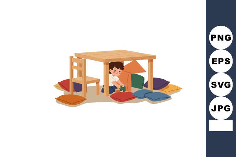 Child playing under wooden table with colorful cushions crea