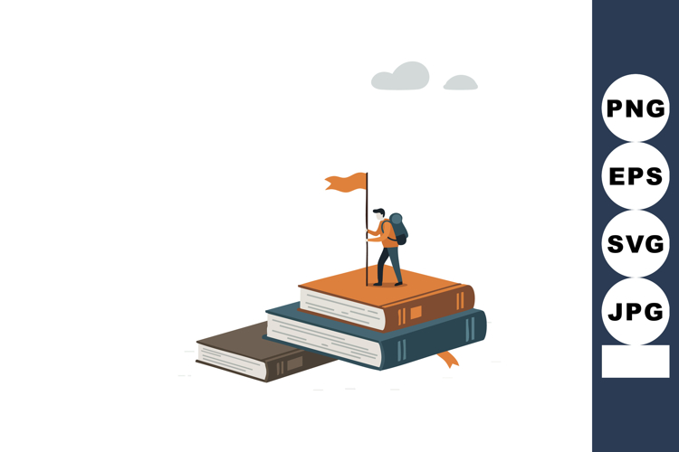 Adventurous hiker climbing stack of large books symbolizing