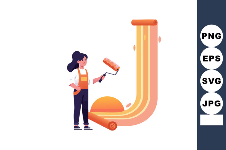 Woman painting large letter J with paint roller in creative example image 1