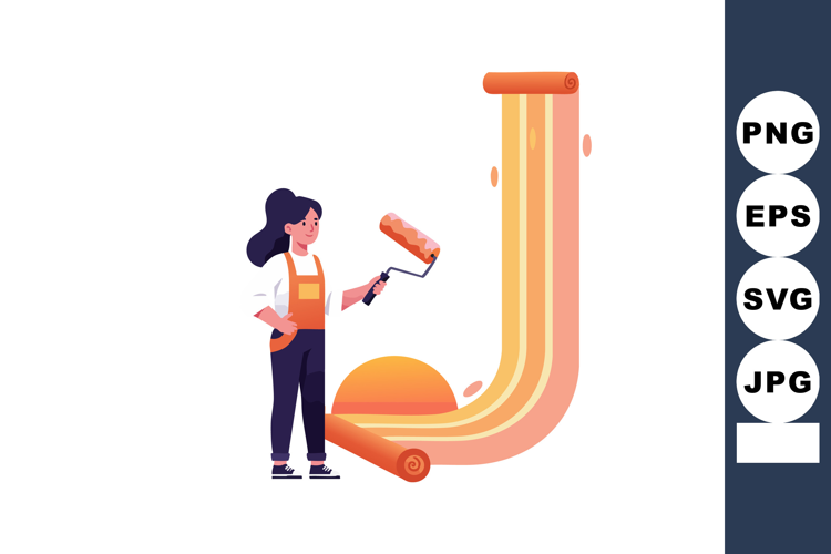 Woman painting large letter J with paint roller in creative