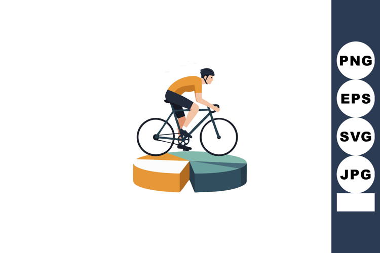 Cyclist riding bicycle on pie chart data visualization conce
