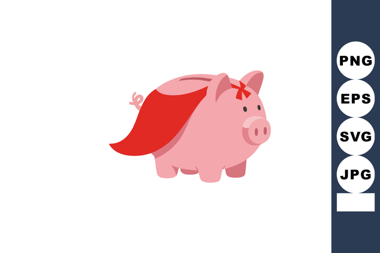Pink pig wearing red superhero cape flying cartoon character