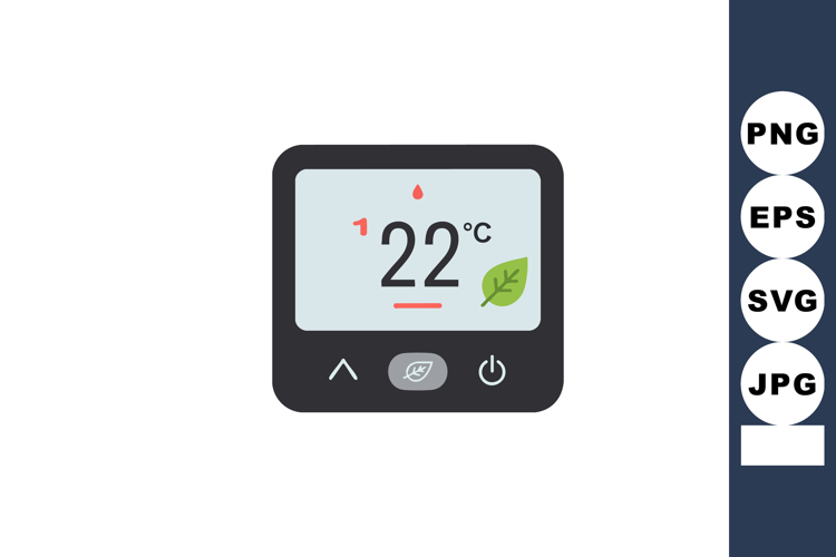 Thermostat temperature control display with eco leaf icon in