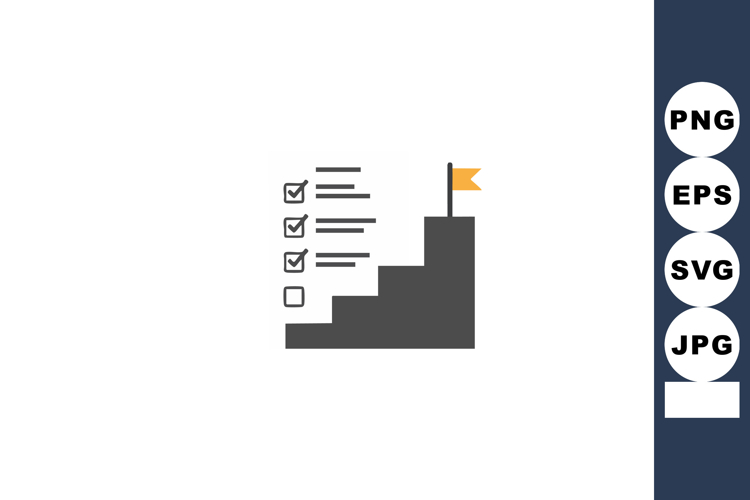 Goal achievement checklist with ascending stairs and flag sy