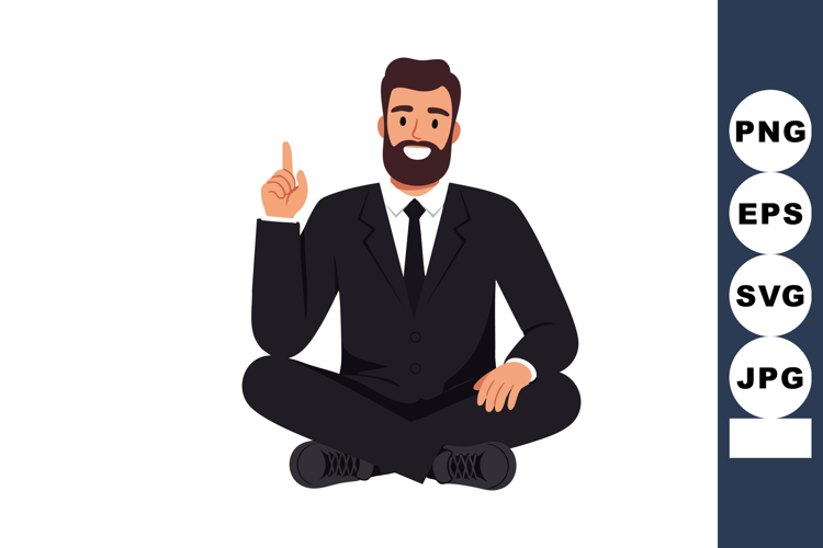 Bearded man in black suit sitting cross-legged with raised f