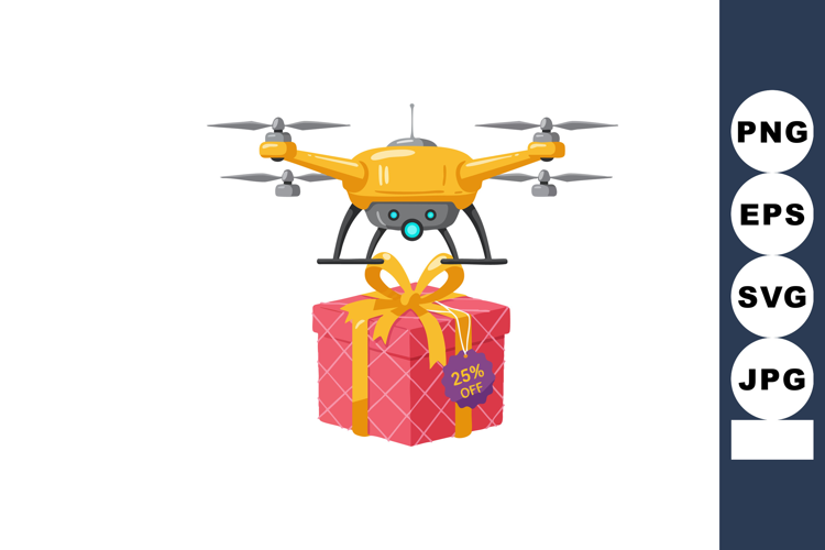 Delivery drone carrying gift box with discount tag flying in