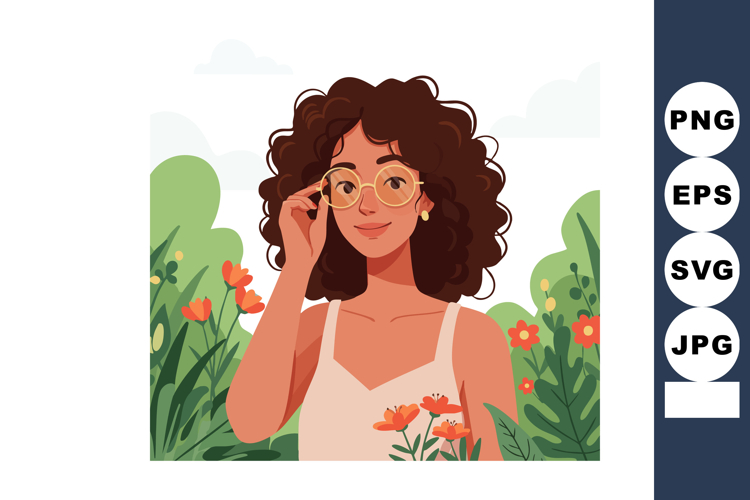 Woman with curly hair wearing glasses holding flowers in gar
