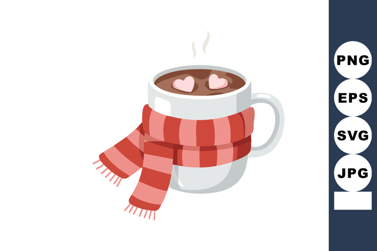 Hot chocolate cup with red striped scarf and heart marshmall