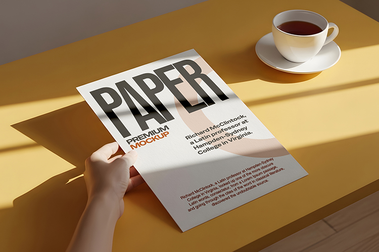 A4 Papern Mockup Hand Holding Cup Coffee Scene