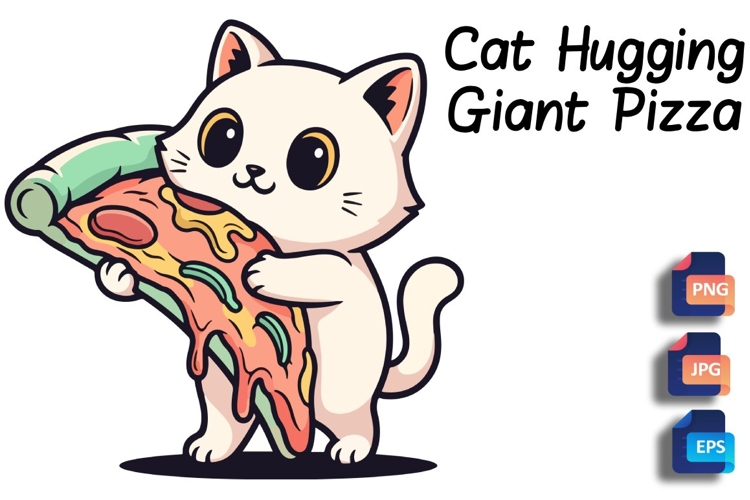 Joyful Cat Hugging Giant Pizza - Cute   Funny Food Art