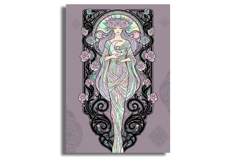Art Nouveau Goddess with Crescent Moon and Pastel Roses example image 1