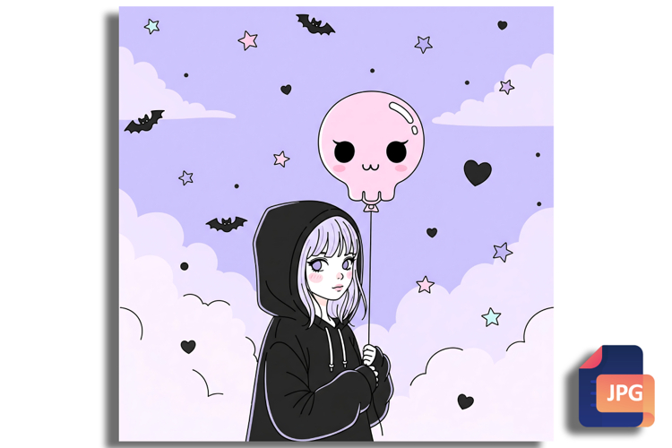 Pastel Goth Girl with Skull Balloon - Spooky Cute Sky