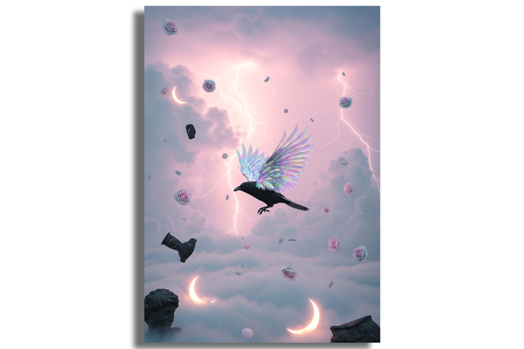 Ethereal Raven in Stormy Sky with Pastel Moons