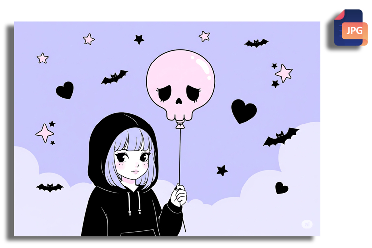 Pastel Goth Girl with Skull Balloon - Spooky Cute Sky