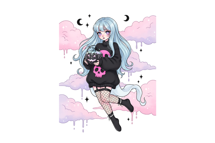 Pastel Goth Girl with Pumpkin and Pink Clouds