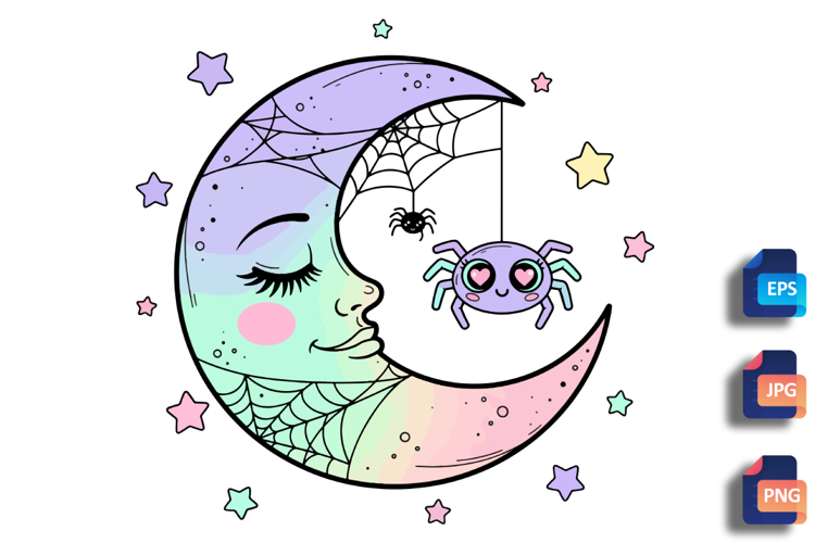 Pastel Goth Moon with Spiders - Cute Celestial Art