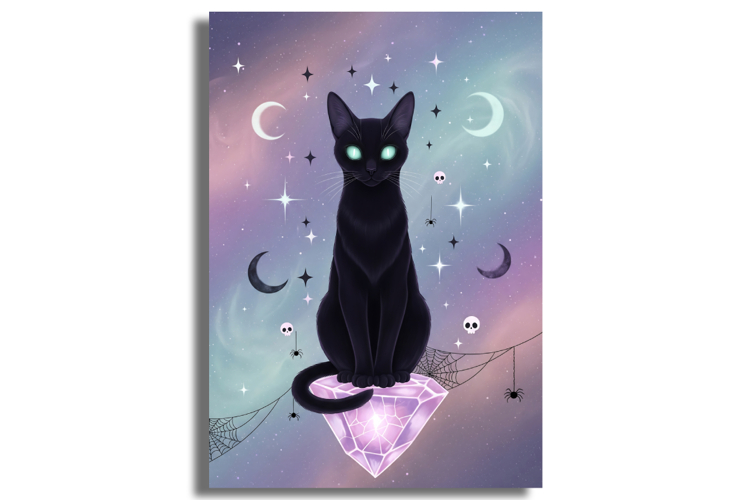 Mystical Black Cat on Crystal with Celestial Background
