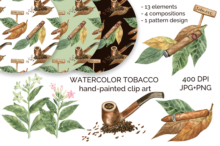 Tobacco Watercolor Hand-Painted Clipart and Pattern