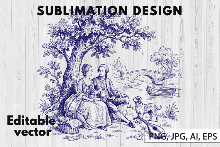 Vintage Toile De Jouy Line Art Sublimation Design