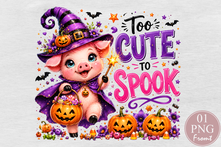 Too Cute To Spook PNG, Witch Pig Halloween Sublimation example image 1