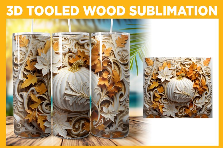 Tooled Leather Pumpkin 3D Tumbler Wrap Sublimation Bundle, 3D Tooled Leather & Wood PNG Bundle, 20oz Skinny Tumbler, Straight Tumbler Wrap, Sublimation Bundle, Design Bundle, Digital Download