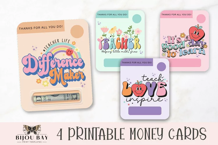 Cute Retro Teacher Printable Money Cards| 4 Designs | 300dpi