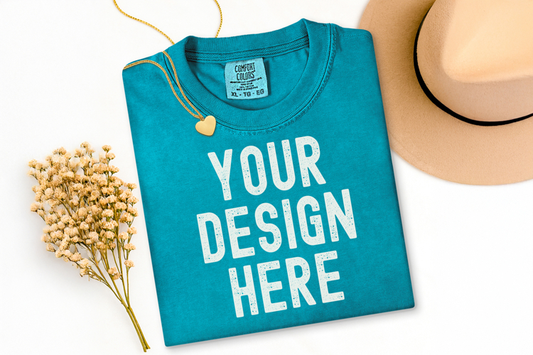Comfort Colors C1717 Topaz Blue Shirt Mockup, Flat Lay Shirt