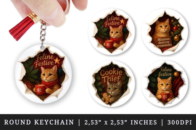 Torn Fabric Tear Christmas round keychain sublimation design