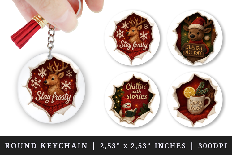Torn Fabric Tear Christmas round keychain sublimation design