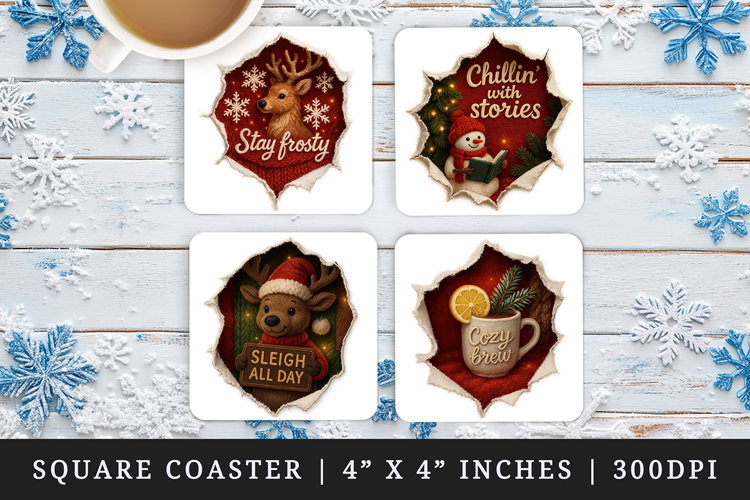 Torn Fabric Tear Christmas square coaster sublimation design