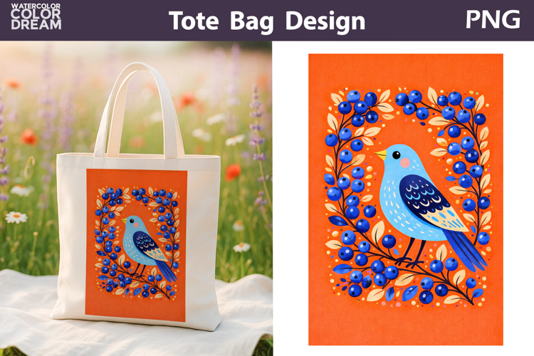 Folk Bird Berry Illustration | Tote Bag Sublimation