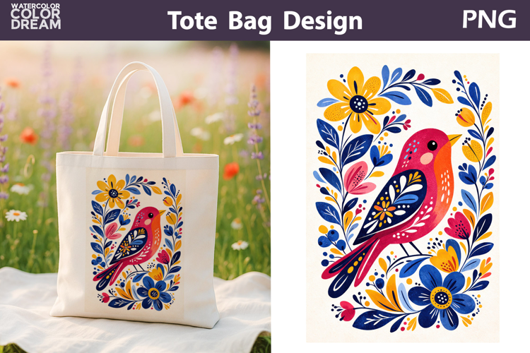 Folk Bird Berry Illustration | Tote Bag Sublimation