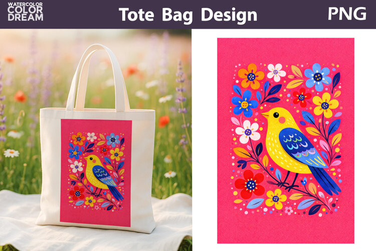 Folk Bird Berry Illustration | Tote Bag Sublimation example image 1