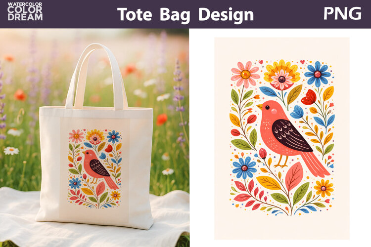 Folk Bird Berry Illustration | Tote Bag Sublimation example image 1