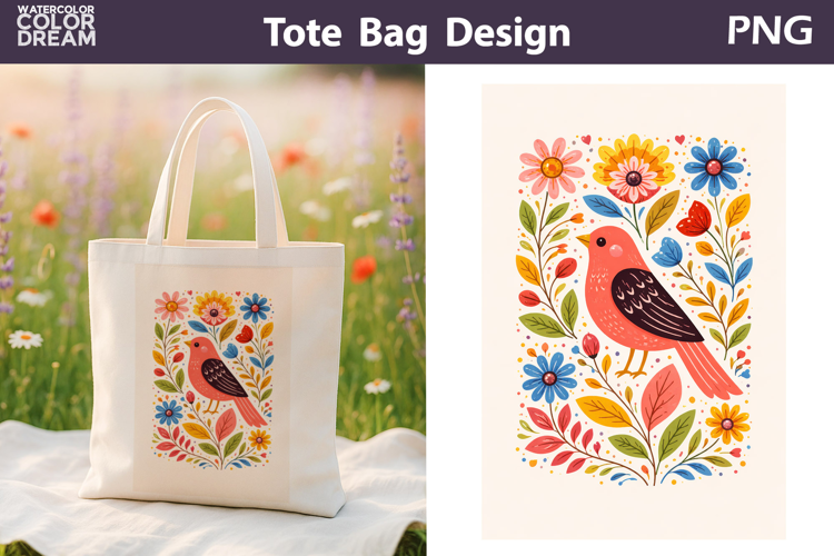 Folk Bird Berry Illustration | Tote Bag Sublimation